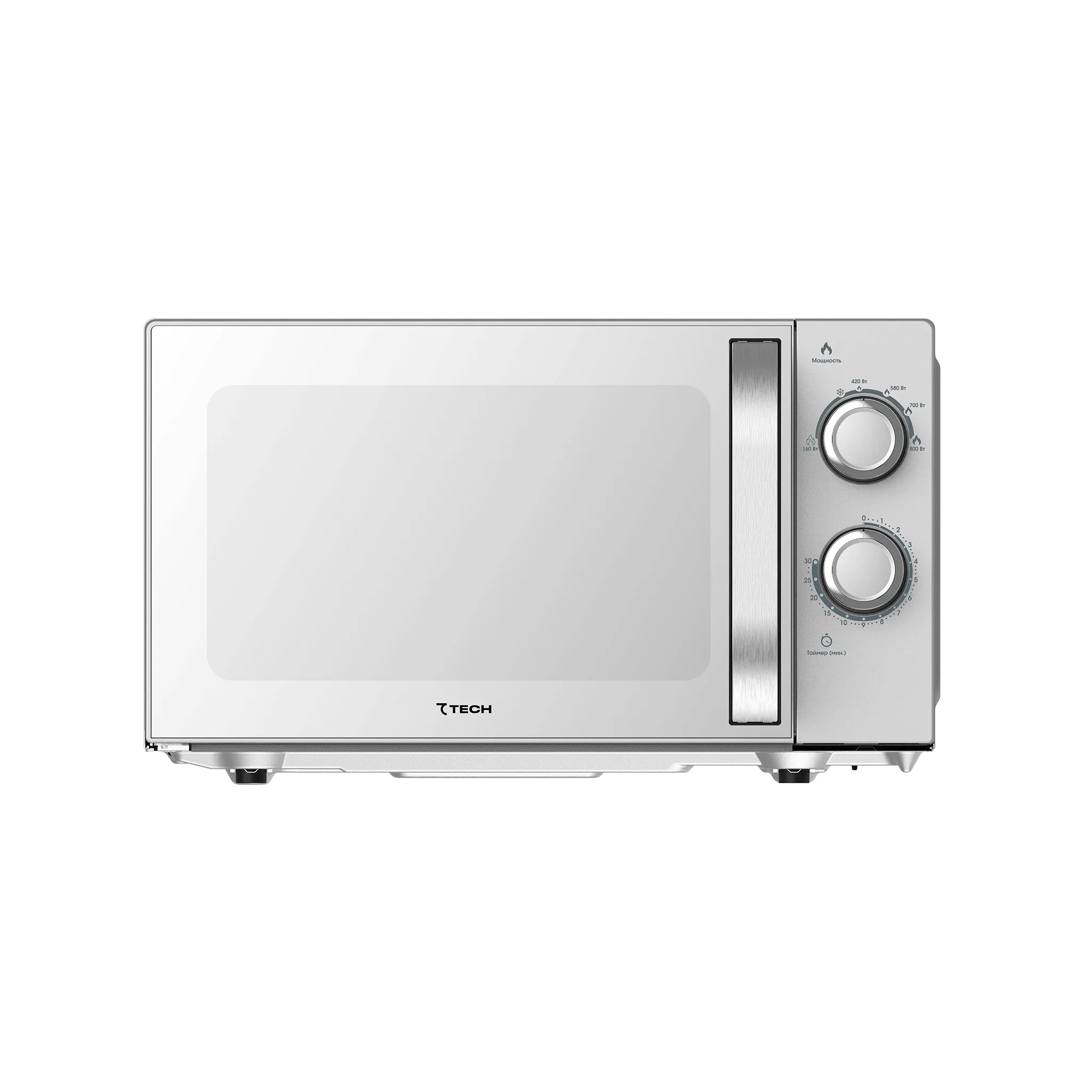 Микроволновая печь с серебристым корпусом и вместительной камерой